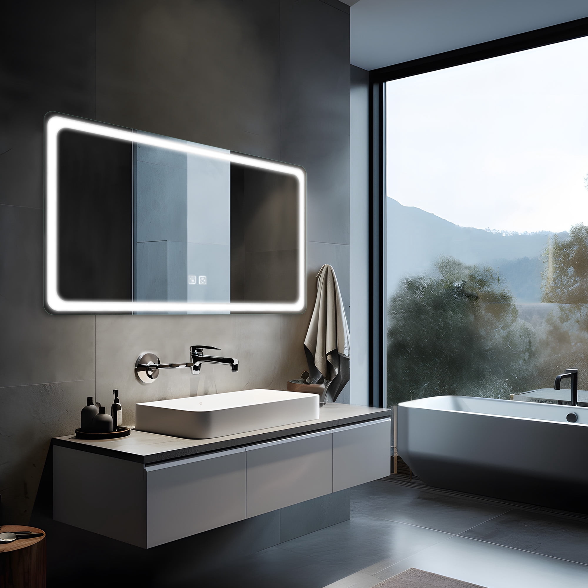 59"x35" LED Lighted Round Angle Wall Mounted Bathroom Mirror Modern Rectrangle Vanity Mirror with Anti-Fog,Silver