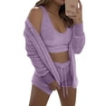 thumbnail image 3 of STARVNC Women Tie Waist Long Sleeve Crop Tank Fleece Cardigan Shorts 3 Piece Sets, 3 of 4