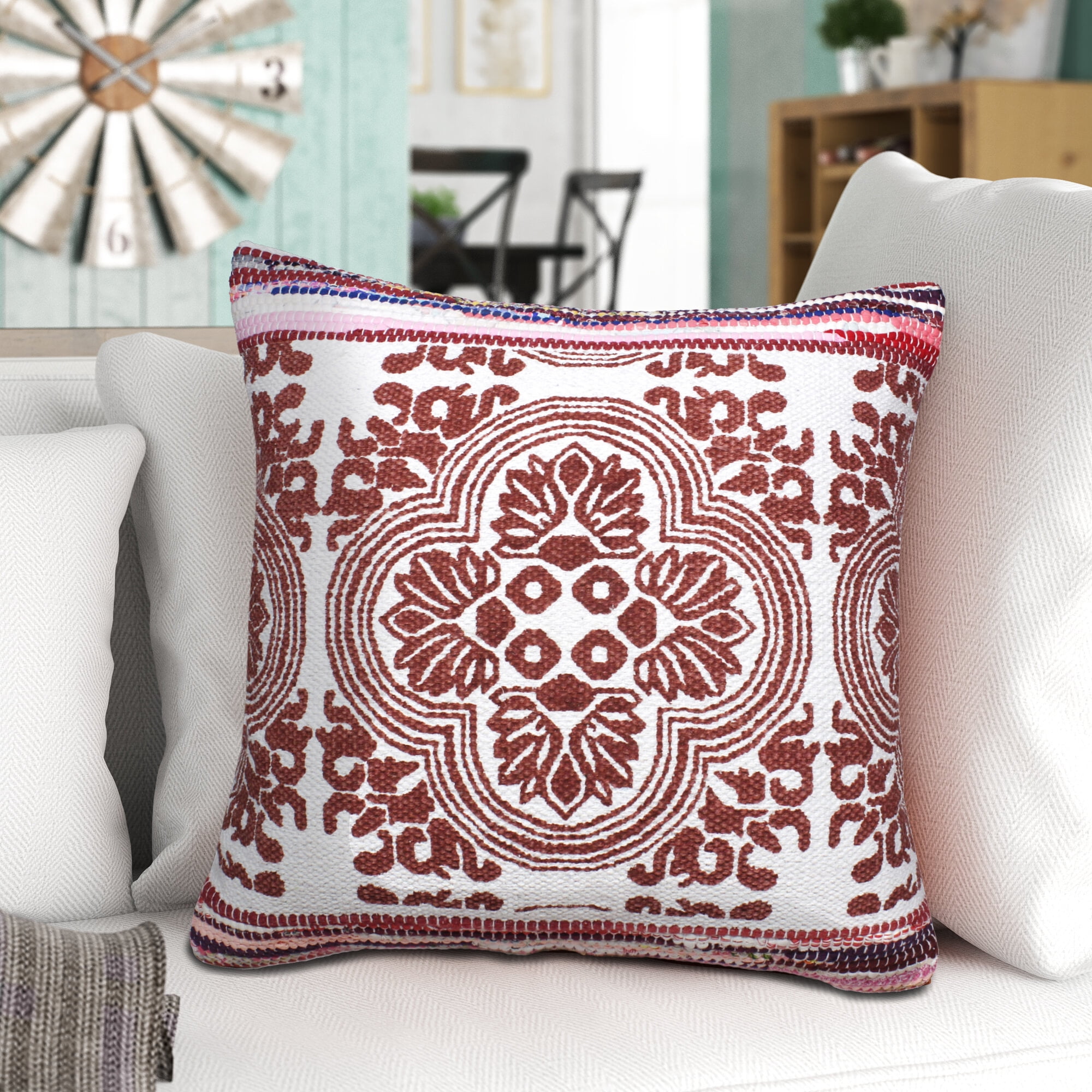 Harlow Hill Indoor Boho Bordered Mosaic Throw Pillow, Red / White, 20" x 20"