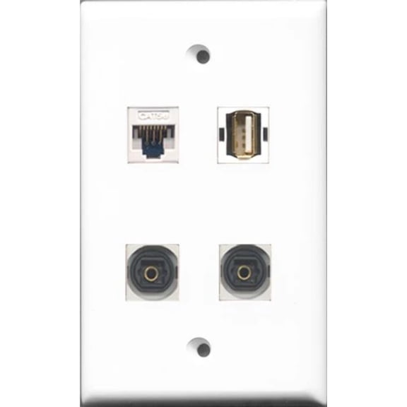 RiteAV 1 Port USB A-A 2 Port Toslink and 1 Port Cat5e Ethernet White Wall Plate