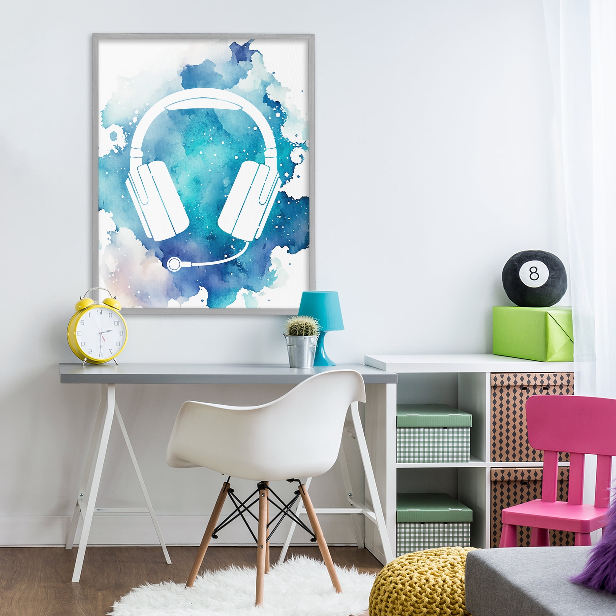Blue Headphone Splatter Gray Framed Giclee Art, design by Marcus Prime