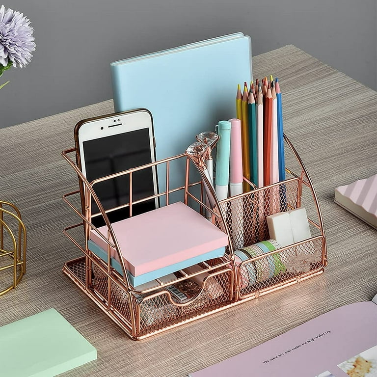 Rose Gold Desk Organizer for Women, Mesh Office Supplies Desk Accessories,  Features 5 Compartments + 1 Mini Sliding Drawer 