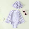 thumbnail image 2 of Wuxian Kids Swimsuits 2 Piece Swimsuit Rash Guard Stripe Pritn Long Sleeve Onesize Bikini Beachwear Ruffled Round Neck Popular Swimsuit,Purple,6-12 Months, 2 of 4