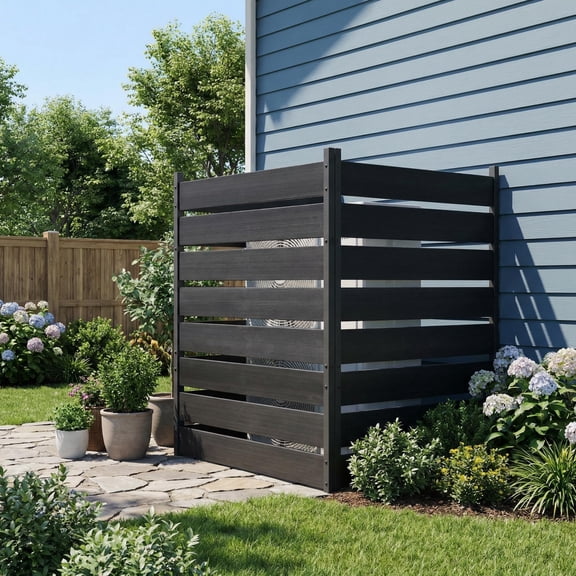 2 PCS All-Weather Outdoor Privacy Screen Fence - Black Aluminum Frame & Wood Plastic Composite Vinyl Slats - No-Dig Decorative Garden Enclosure for Patio, Trash Can, AC Unit, Pool Equipment