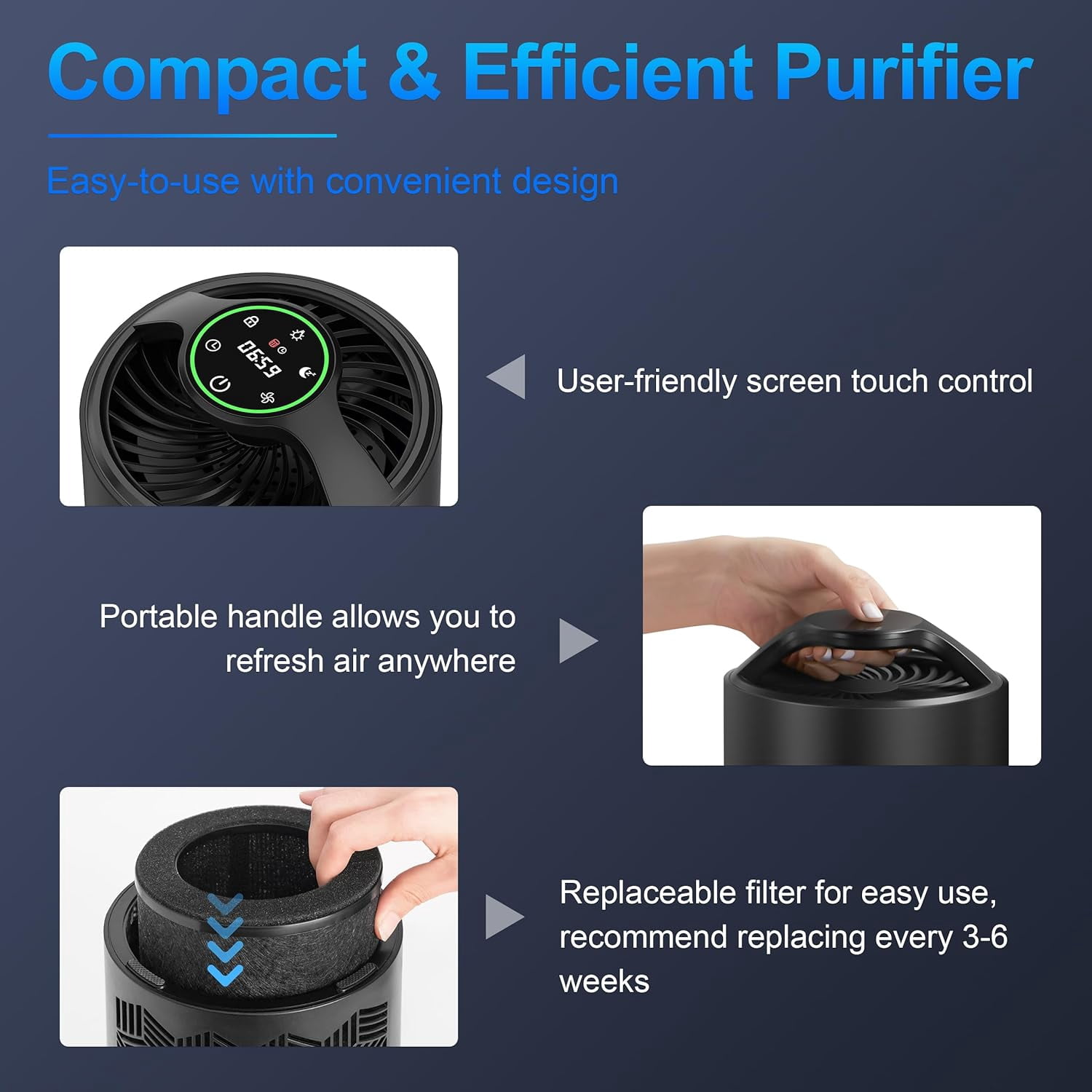 ToLife Air Purifiers for Home - HEPA Filter Air Cleaner for Pet Hair, Allergies, 99.97% Smokers, Dust, Pollen, Odor Eliminators for Bedroom up to 215 Sq.ft - Black