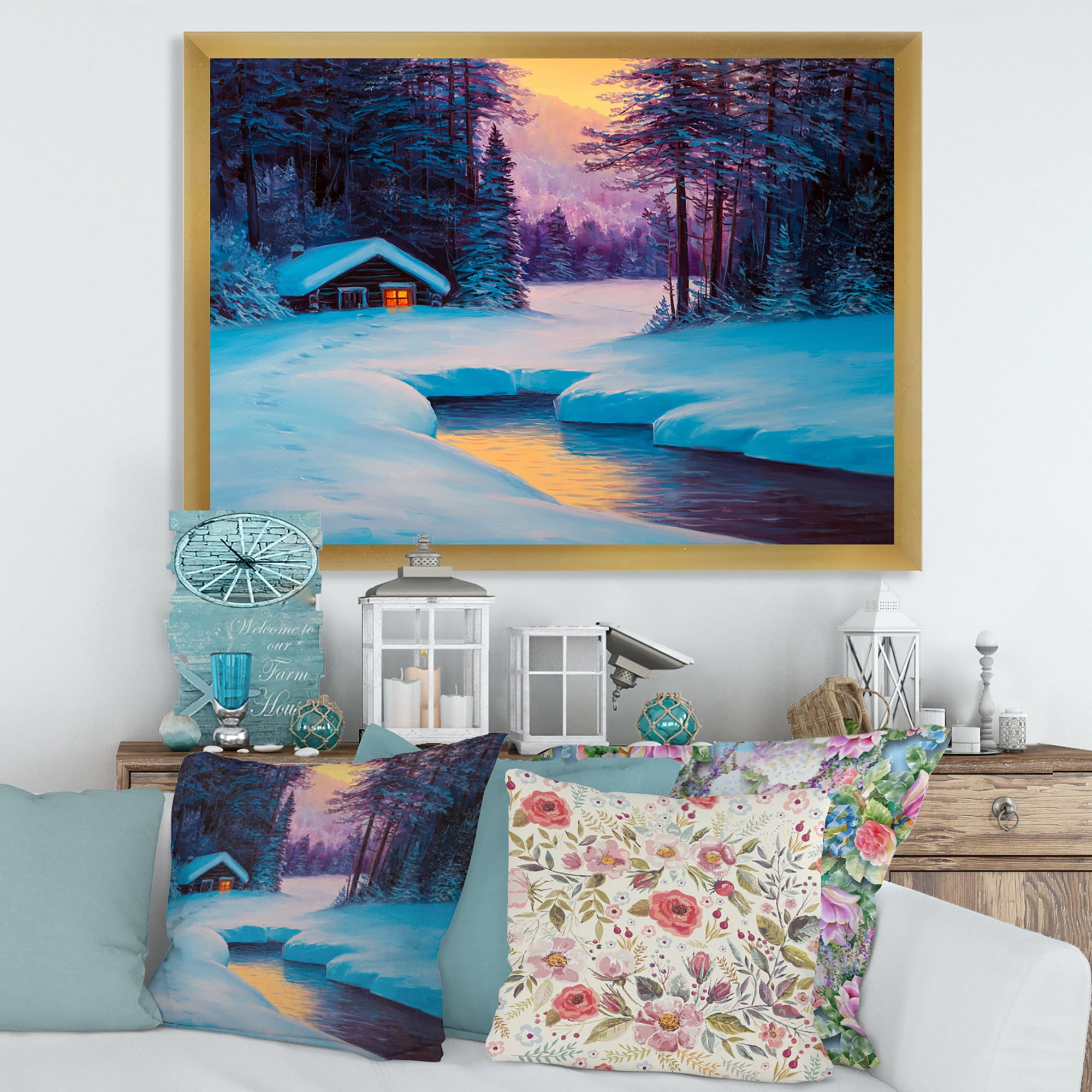 Designart 'Old Cabin In Winter Forest In Evening Glow II' Traditional Framed Art Print