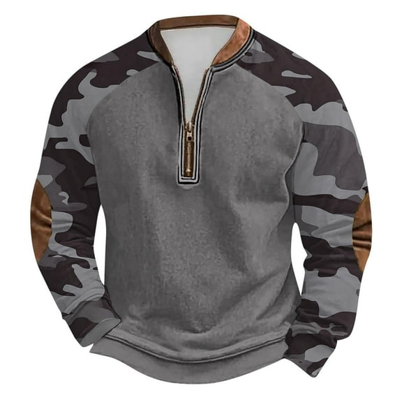 guisaled Mens Camo Sweatshirt Crewneck Half Zip Up Long Sleeve Pullover Tops Fall Winter Outdoor Camouflage Camping Hunting Jackets