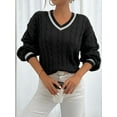 thumbnail image 1 of Luxurious Contrast Trim Cable Knit Sweater Flattering V-Neckline Dramatic Lantern, 1 of 7