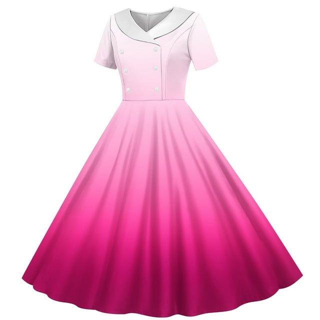 Zpanxa Robes d'Été pour Filles Imprimé Dégradé Manches Courtes Col Rabattu Taille Bouton Robe de Danse Polyester Spandex Rose Vif 9 Ans
