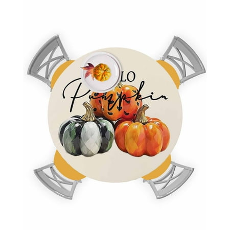 

Round Tablecloth with Elastic Fall Thanksgiving Pumpkin with Orange Green Plaid Waterproof Stain-proof Table Cover Wipeable Fitted Table Cloths for 45 -54 Round Tables Dining Kitchen