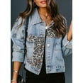 thumbnail image 4 of Womens Button Down Distressed Leopard Denim Jean Jacket Washed Long Sleeve Ripped Cheetah Jean Coat Blue XL, 4 of 8