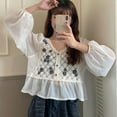 thumbnail image 6 of KOOYET Women's French Style Small Fresh Design Sense Hollow Crochet Long Sleeve Chiffon Blouse, 6 of 6