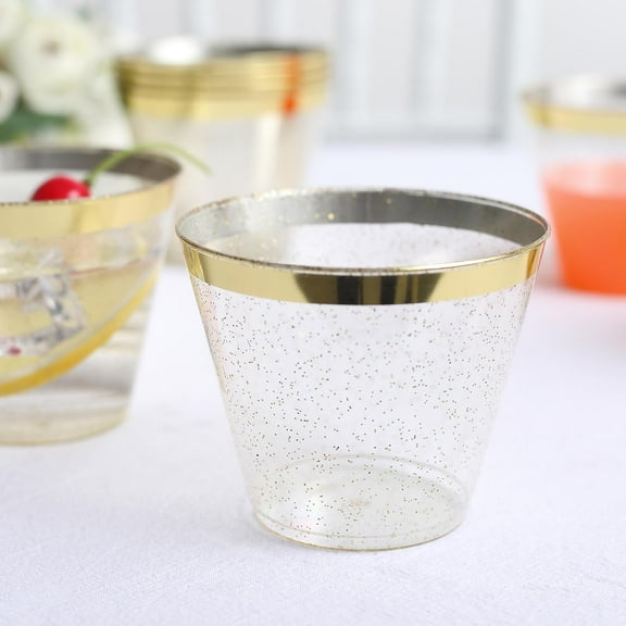 Efavormart 25 Pack | 9oz Clear Gold Glittered Rim Plastic Party Cups, Disposable Cocktail Tumblers