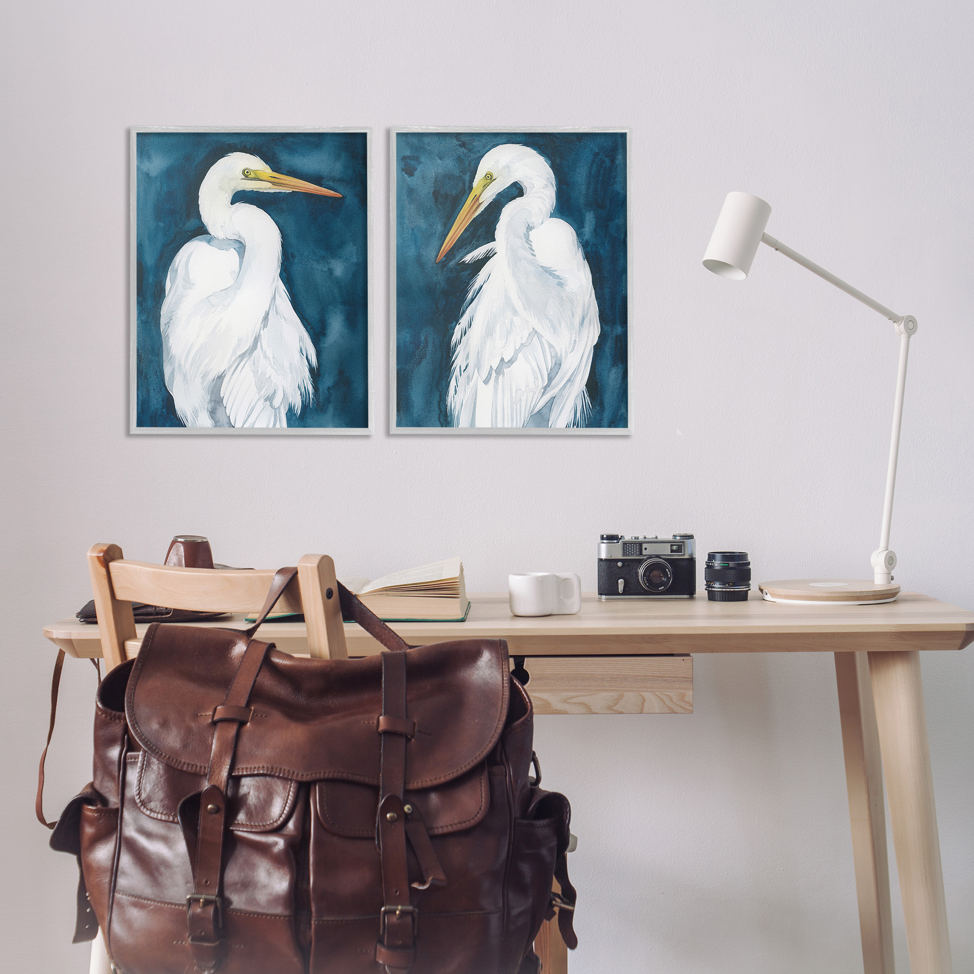 Stupell Industries Elegant Egrets on Blue Animals & Insects Painting Gray Framed Art Print Wall Art, 16 x 20, Set of 2