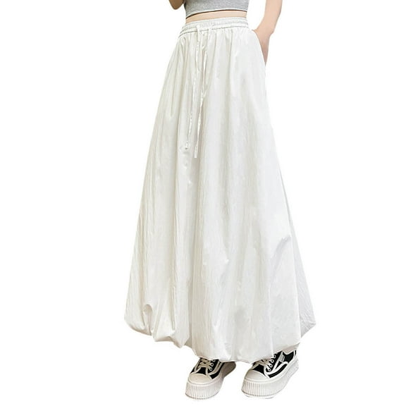 Puntoco Dresses for women Women's Midi Skirt Summer Pleated Flowy Elastic High Waisted Skirts with Pockets White-A XL