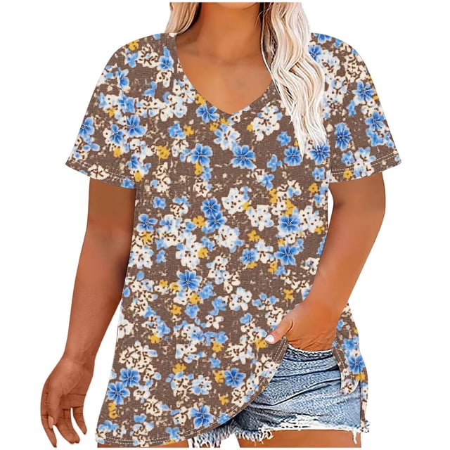 Camiseta de Base de Impresión de Manga Corta con Cuello en V para las Mujeres, Más Tamaño Estante de Imitación Casual Superior