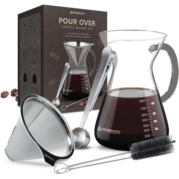 Pour Over Coffee Maker Set 34 oz Glass Carafe Stainless Steel Filter with Scoop