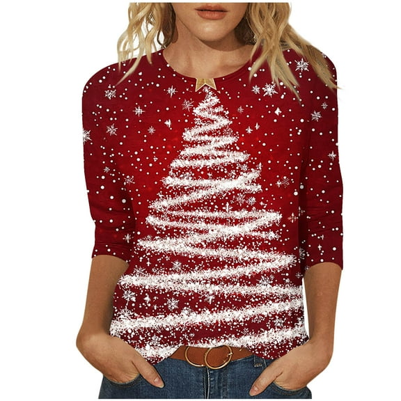 Christmas Tops for Women Fall Tops Casual Dressy White 3/4 Sleeve Shirts 100% Cotton Work Blouses Plus Size Dress