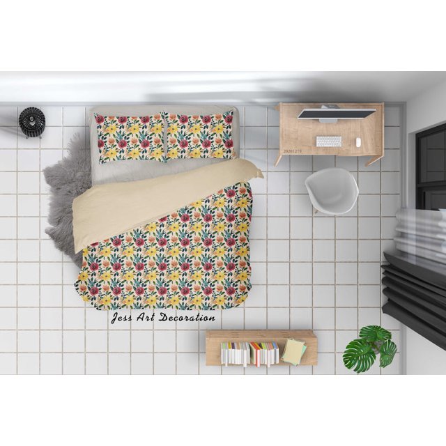 3D Acuarela Rojo Amarillo Floral Funda de edredón Set Ropa de Cama Set Funda Nórdica