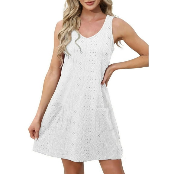 Women's Swing Dress Sleeveless V-Neck Eyelet Detail Pockets Summer Sundress White S