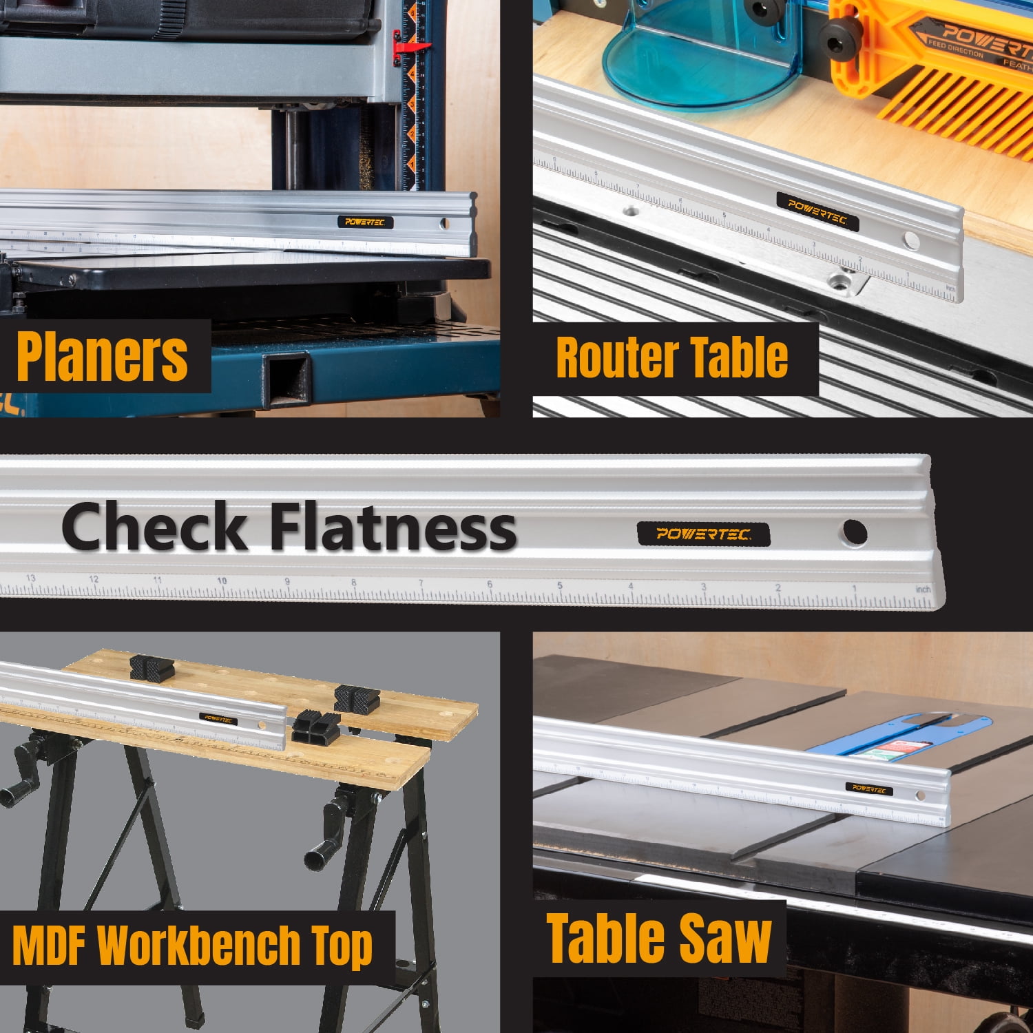 POWERTEC 38 Inch Straight Edges, Straight to Within .003'' Over 38'' Machined Flat, Precision Woodworking Tools for Table Saw, Router Table, MDF Workbench Top, Jointers, and Planers (71332)