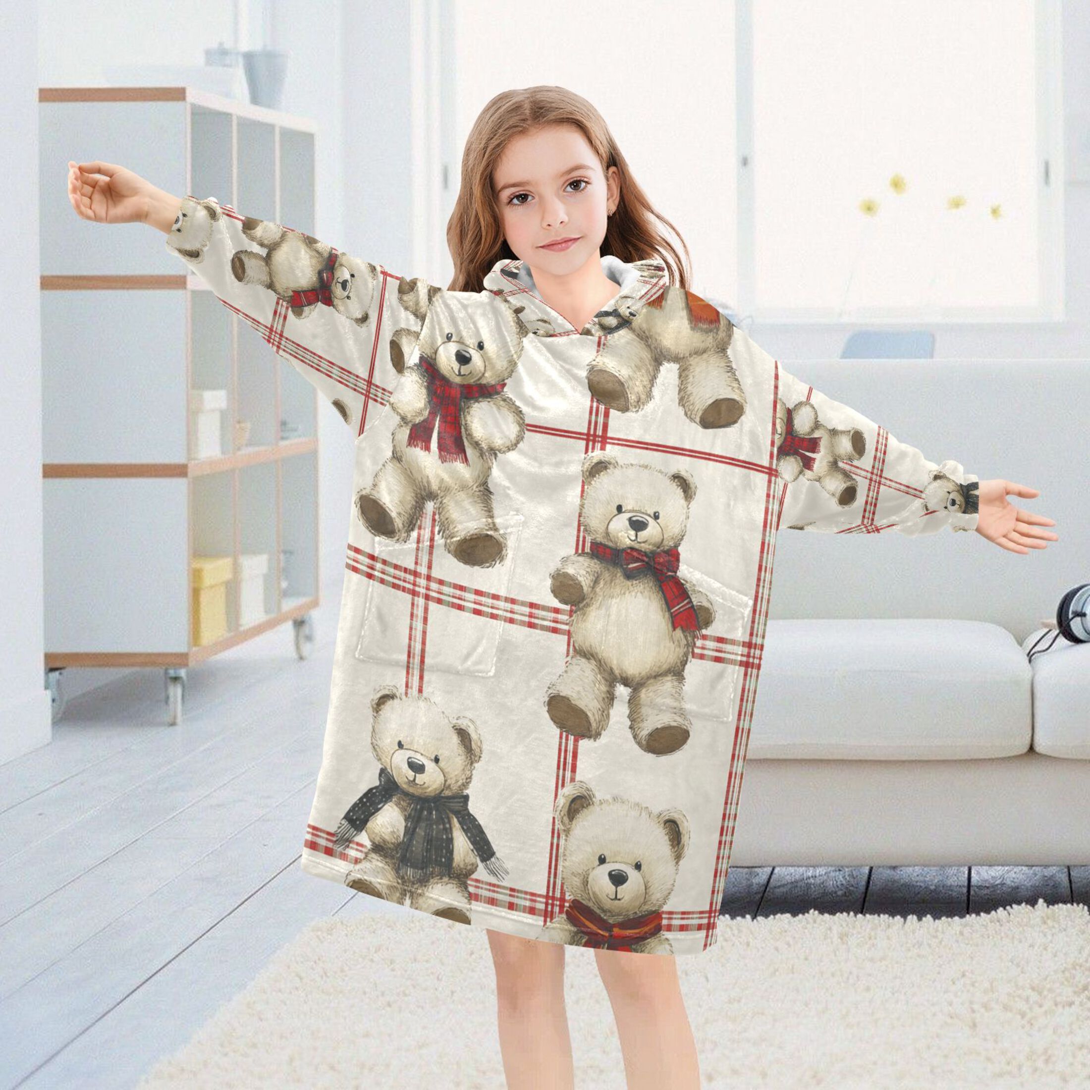 YAZAOO Kids Wearable Blanket Hoodie Warm and Cozy Bear Hugs and Checkered Love Flannel Sweatshirt