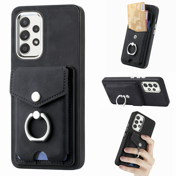 ELEHOLD Leather Wallet Case for Samsung Galaxy A23 4G Case with Back Card Holder Rotating Ring Holder Kickstand Slim Lightweight Shockproof Protective Case Work with Magnetic Car Mount Holder,black