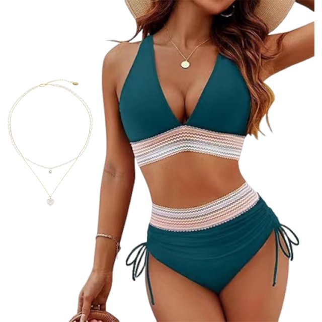 Couturesh Swimsuit, 2025 High Waist Tummy Control Color Block Bikini Set, Women's Two Piece Beach Drawstring Swimsuit