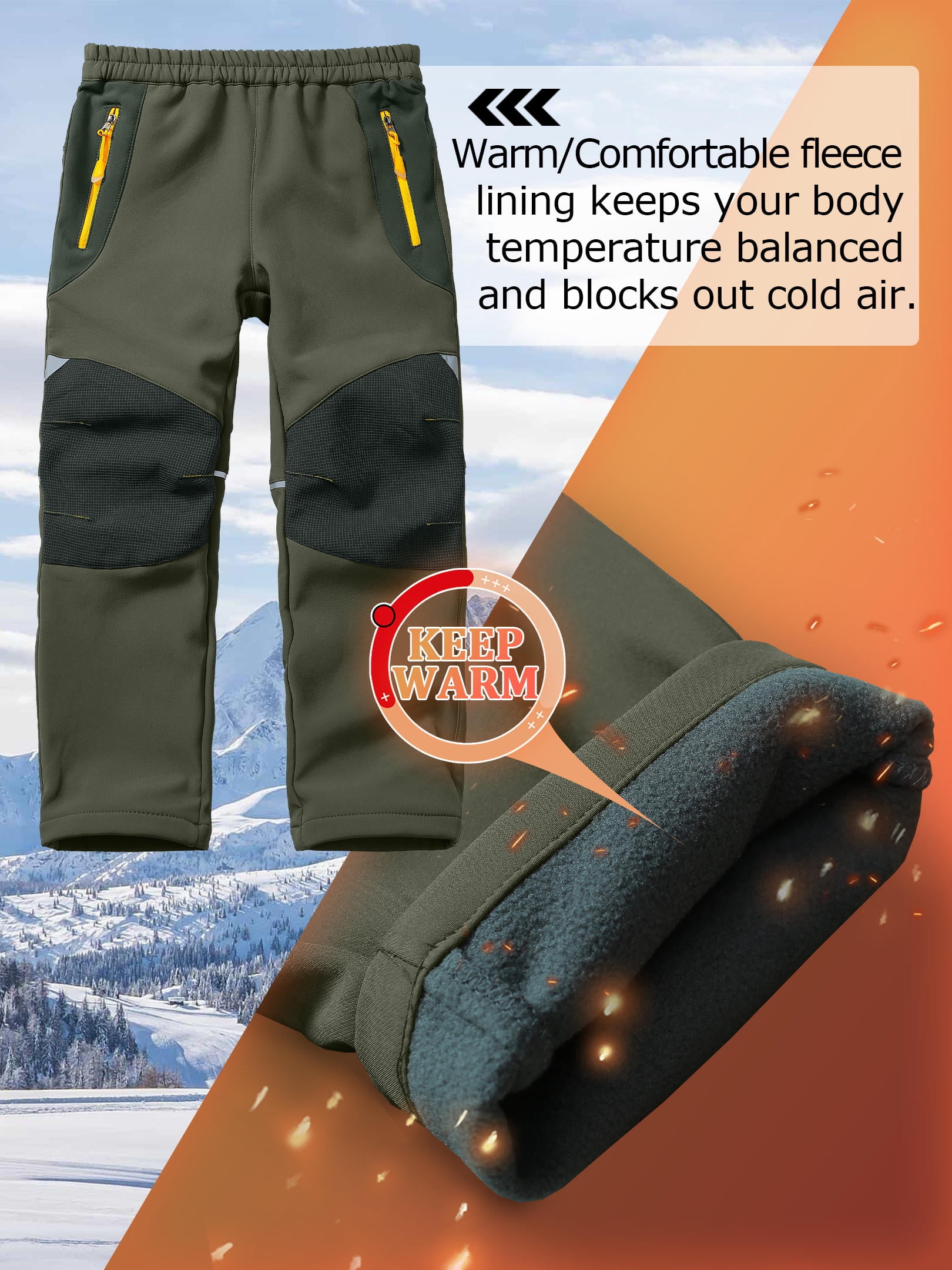 POENTAB Boys Snow Pants, Girls Kids Youth Outdoor Fleece-Lined Expandable Waist SoftShell Fishing Ski Insulated Pant Green Size 8-9