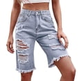thumbnail image 5 of WPPGONE Denim Bermuda Shorts for Women Knee Length Distressed Holed Straight Leg Frayed Vintage Bottoms Fashion Casual Summer Versatile Jean Shorts with Pockets, 5 of 6