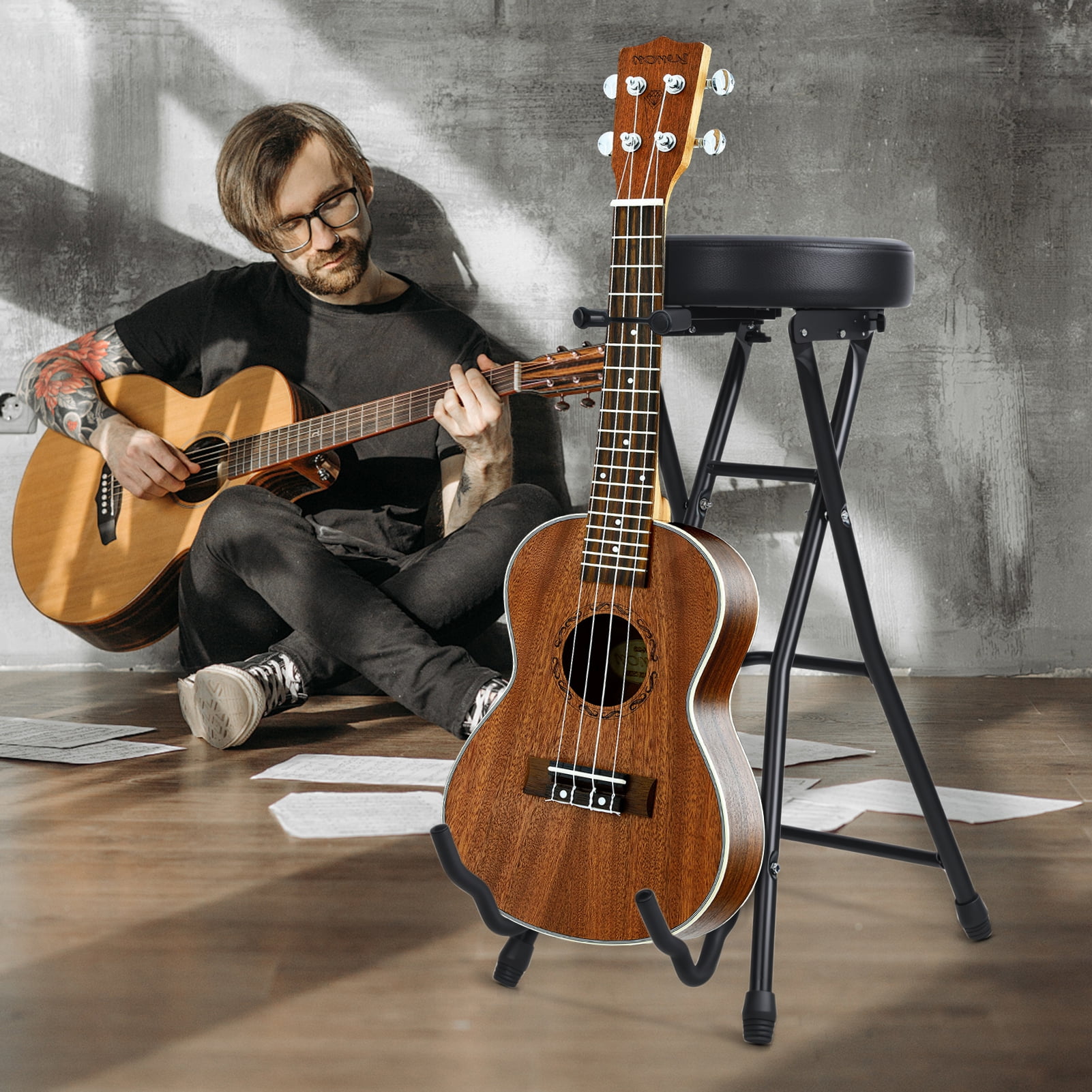 Seipola Guitar Stool with Padded Seat, Collapsible Chair with Guitar Stand, Retractable Hook, Adult Portable Folding Stool-Black