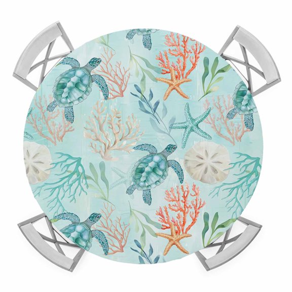 Elastic Fitted Round Tablecloth, Teal Red Turtle Coastal Waterproof Stretch Table Cover for 45"-54" Tables, Summer Beach Nautical Coral Starfish Washable Outdoor Tablecloths for Patio, Picnic