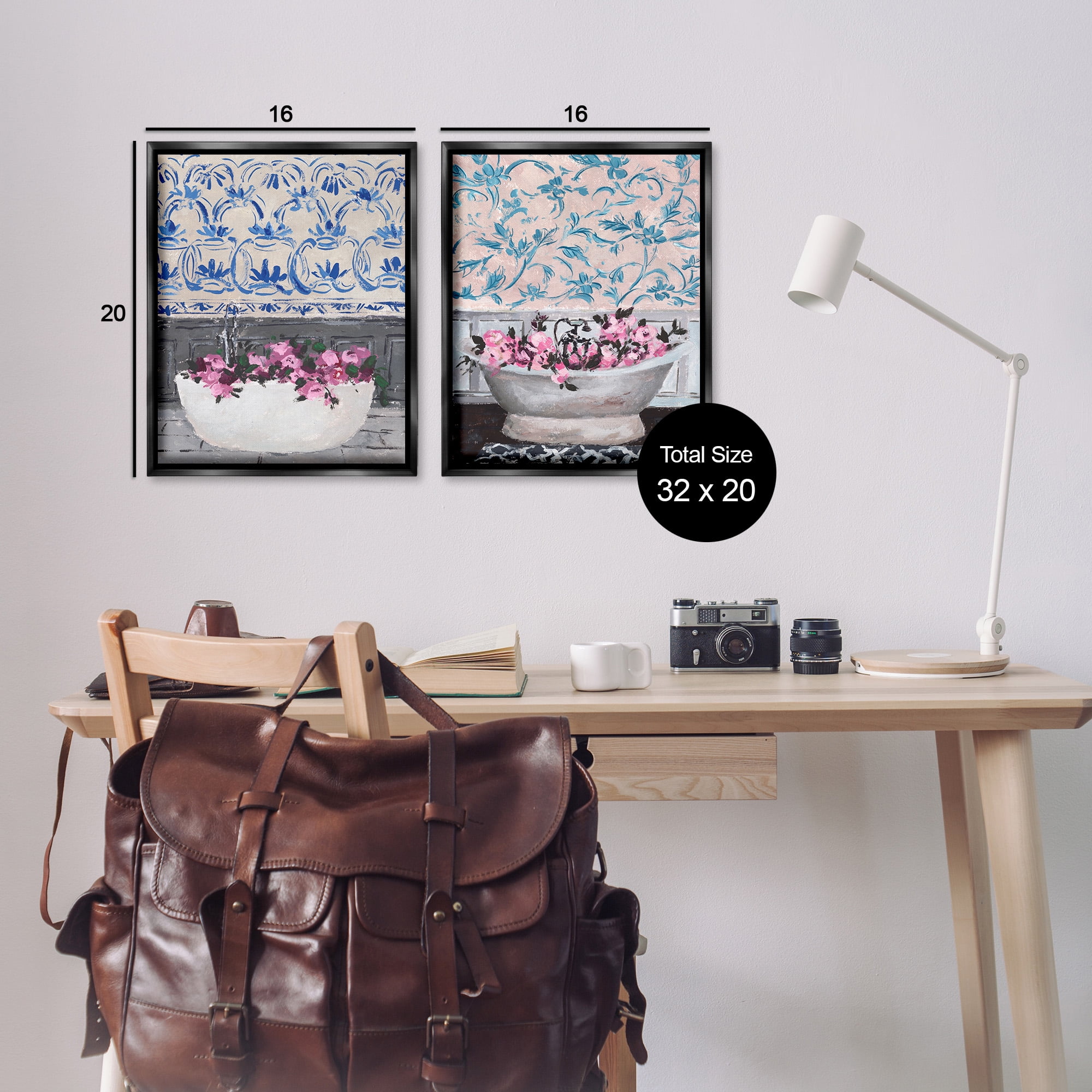 Stupell Industries Flowers In Bath Tub Interior Design Botanical & Floral Painting Black Floater Framed Canvas Art Print Wall Art, 17 x 21, Set of 2