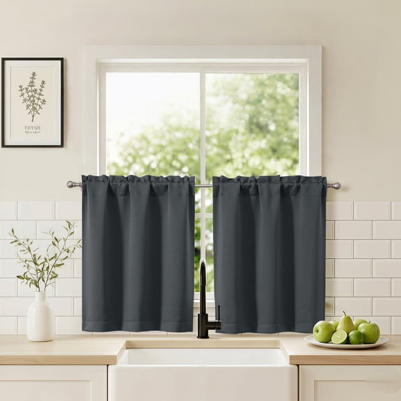 Chyhomenyc Short Blackout Curtains 30 Inch Length, Rod Pocket Kitchen Curtains for Small Windows, Half Window Tier Curtains for Basement Cabinet Camper RV Bunk, 2 PCS, Each 30Wx30L, Dark Grey