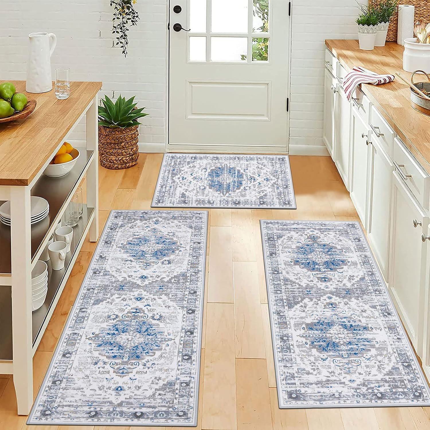 Kitchen Rugs Sets of 3 Boho Kitchen Floor Mat Carpets Non Skid Kitchen Rugs and Mats Washable Kitchen Runner Rugs for Kitchen Floor Hallway Living Room Laundry Entryway