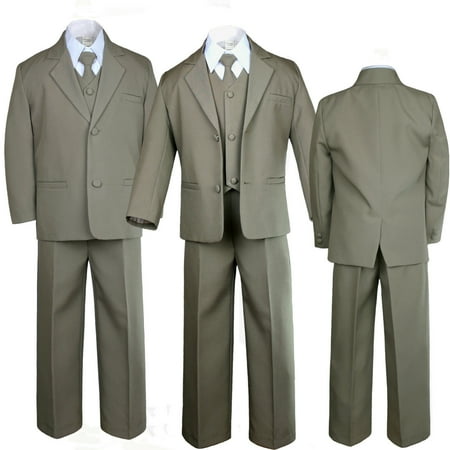 

5pc Boy Toddler Kid Teen Wedding Dark Khaki Formal Tuxedo Suit Set