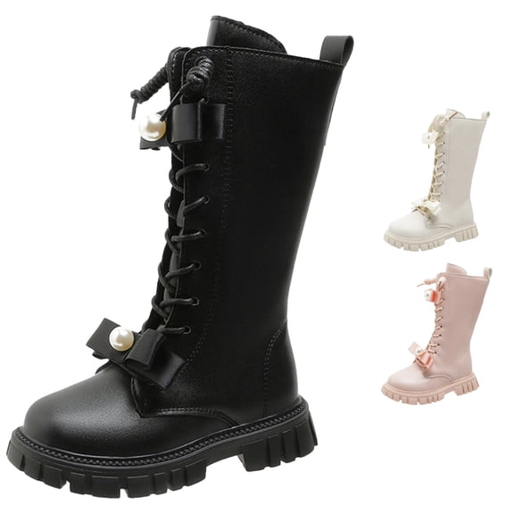 Krdevn Girls Knee‑High Leather Boots Pearl Bow Decor Lace‑Up Side Zipper Non‑Slip Thick Sole Fashion Winter Tall Boots,Black