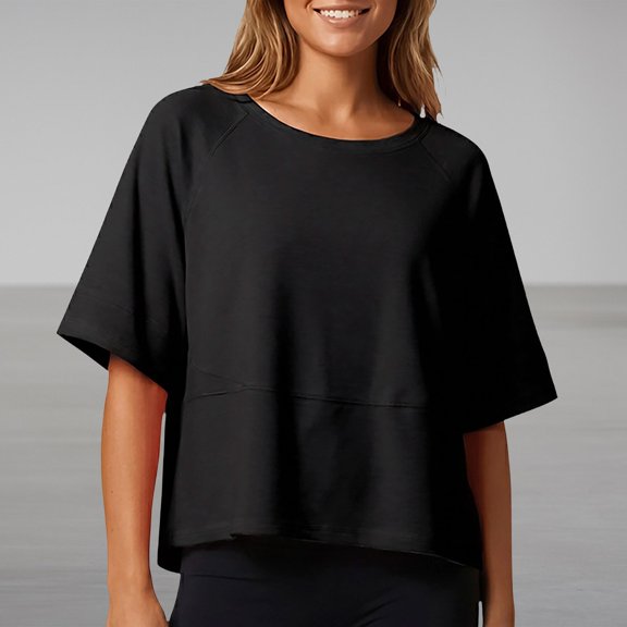 Women's Batwing Sleeve Tops Casual Crewneck Loose Fit Summer T-Shirts,Solid Color Flowy Blouses Basic Tees for Daily Wear Black L