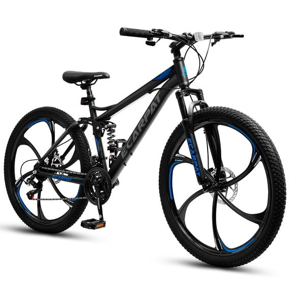 Ecarpat 26 Inch Mountain Bike Full Suspension, 21 Speeds Dual Disc Brake, 6 Spokes Men Women Mountain Bike, Durable Carbon Steel Bicycle, Adult Trail Beach Snow Commuter City Bikes