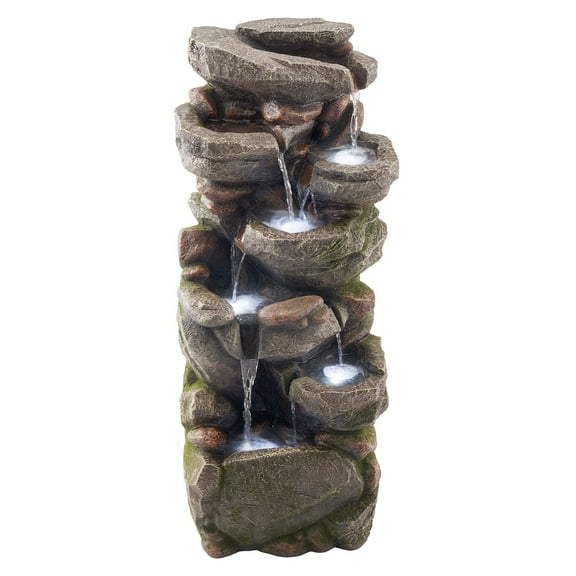 KFFKFF Outdoor Water Fountain, 38.98 in Tall, 7-Tier Rock-Inspired Cascading Design with LED Light and Pump, Ideal for Gardens, Patios, Backyards, and Indoor Spaces