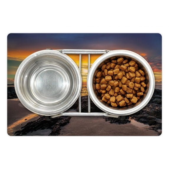Beach Pet Mat for Food and Water, Colorful Majestic Sunrise Sky over Ocean with Rock Calm Seacoast Photo, Non-Slip Rubber Mat for Dogs and Cats, 18" X 12", by Ambesonne