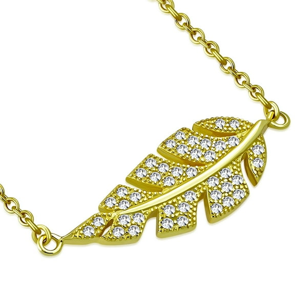 925 Sterling Silver White CZ Sideways Feather Leaf Pendant Necklace