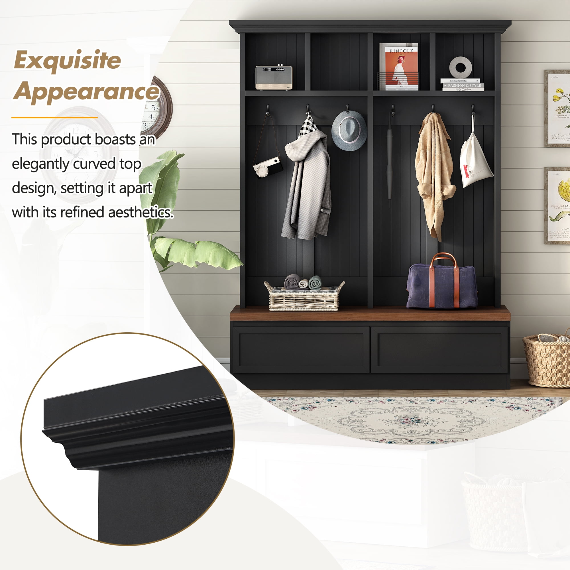 T-Foyer Farmhouse Black Hall Tree with 6 Hooks & Bench, Wooden Rustic Entryway Organizer with Open Storage & 2 Drawers