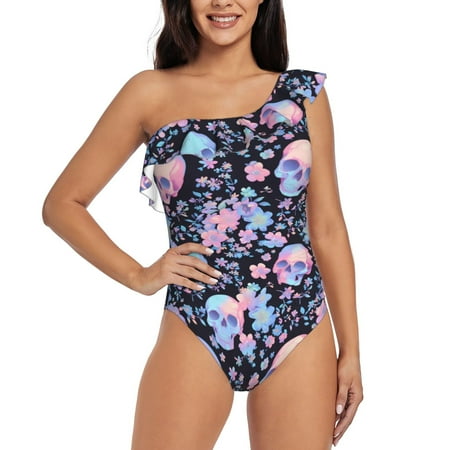 Lukts cool Skull flower Women One Piece Swimsuits Tummy Control One Shoulder Bathing Suits Ruffle Swimwear-
