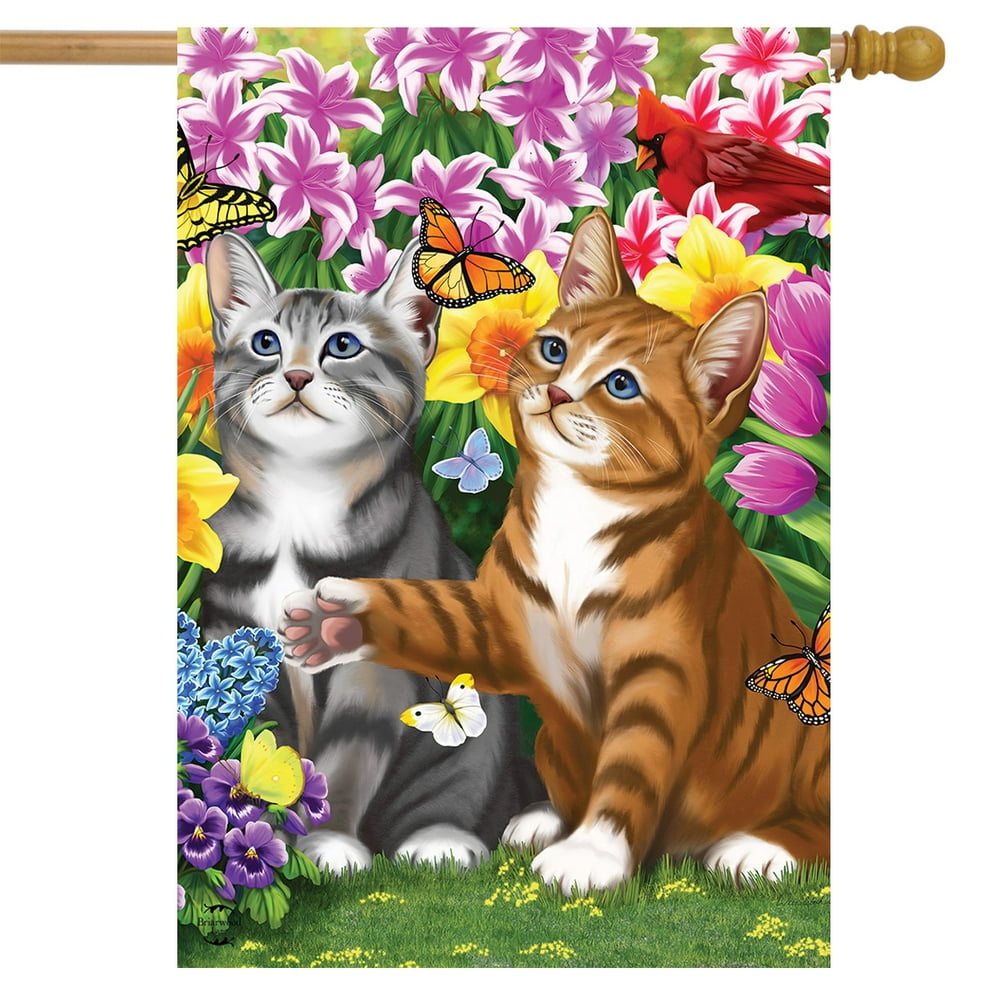 Garden Kittens Spring House Flag Cats Floral 28" x 40" Briarwood Lane