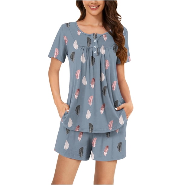 Conjunto de Ropa de Salón de las Mujeres Impreso Cuello Redondo Manga Corta Superior Y Pantalones, Ropa de Casa Suave Dos Piezas