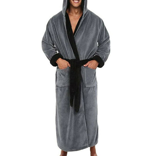 Daeful Dressing Gown Hooded Bath Robes Long Sleeve Wrap Robe Mens Warm Thicken Plush Solid Color Towelling Gray Black 2XL