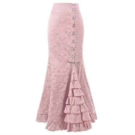 SBYOJLPB Women S Skirts Women Punk Style Retro Mermaid Skirt Vintage Long Ruffle Slim Fit Fishtail Skirt Pink