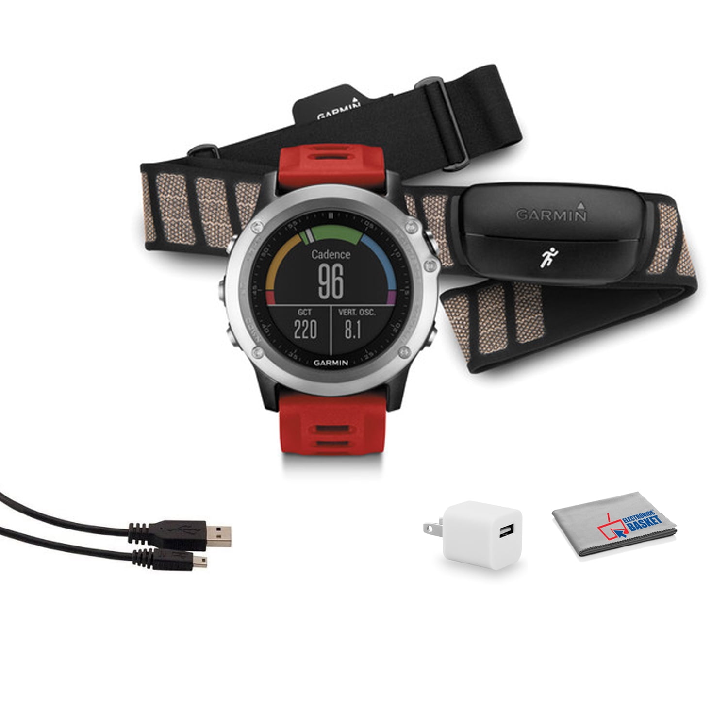 Garmin fenix 3 Multisport Training GPS Fitness Watch with HRM-Run Heart Rate Monitor with Red Band) Bundle USB Adapter - Walmart.com