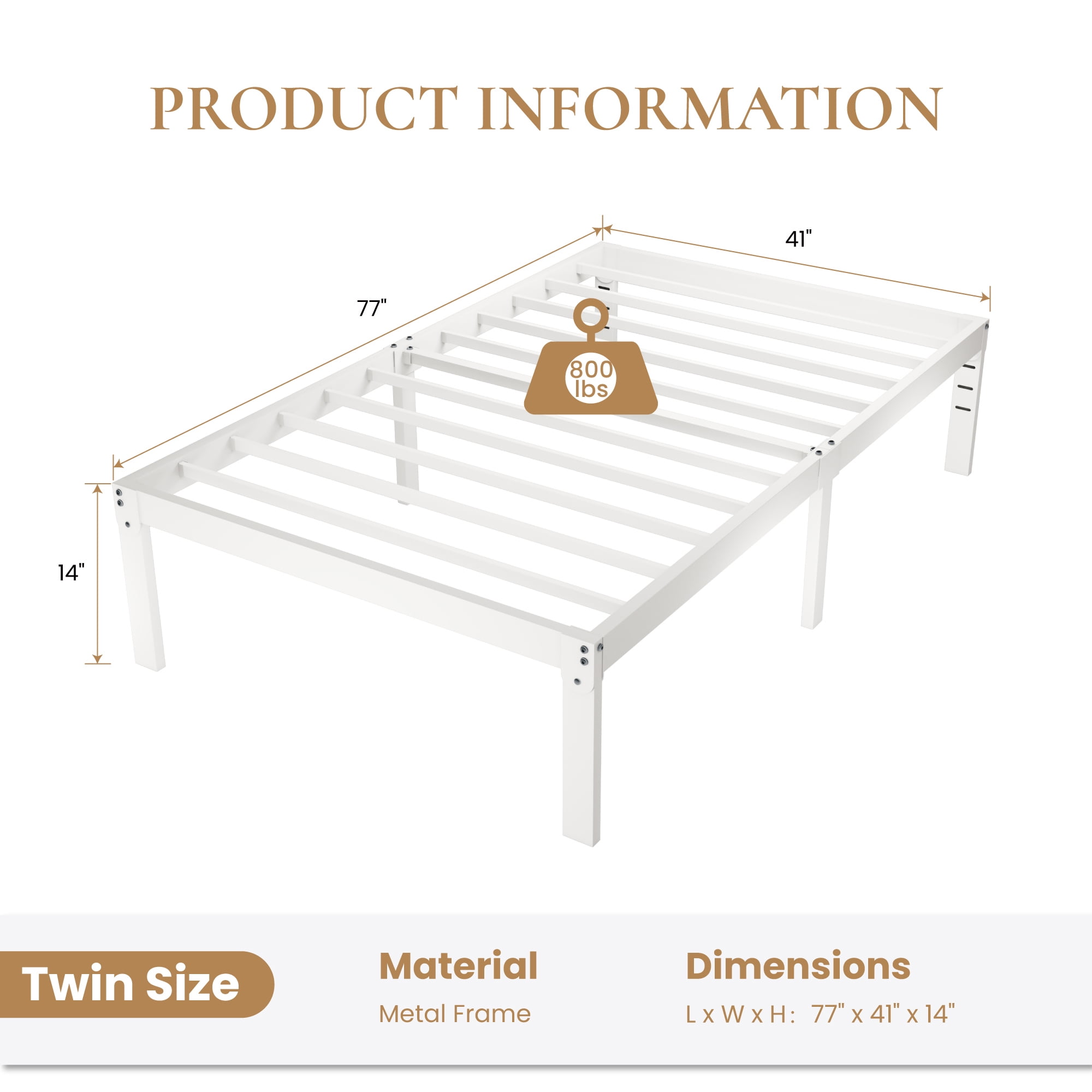 Merrland 14 Inch Twin Size Bed Frame, Heavy Duty Metal Platform with Storage, Steel Slat Support, Easy Assembly, White